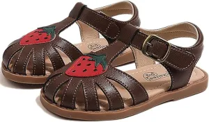 Toddlers Little Girls T-Strap Strawberry Closed Toe Sandals Princess Flat Shoes Summer Flower Girl Shoes