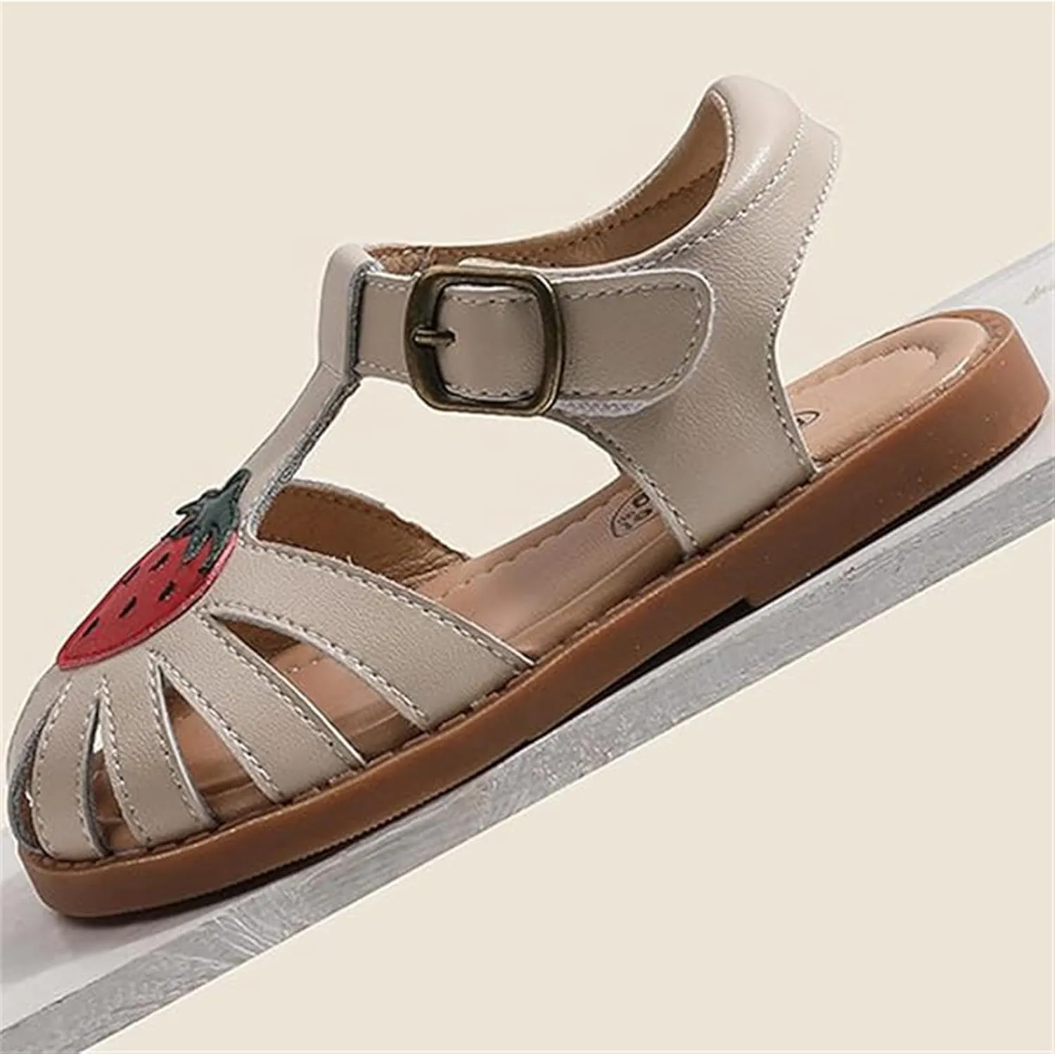 Toddlers Little Girls T-Strap Strawberry Closed Toe Sandals Princess Flat Shoes Summer Flower Girl Shoes