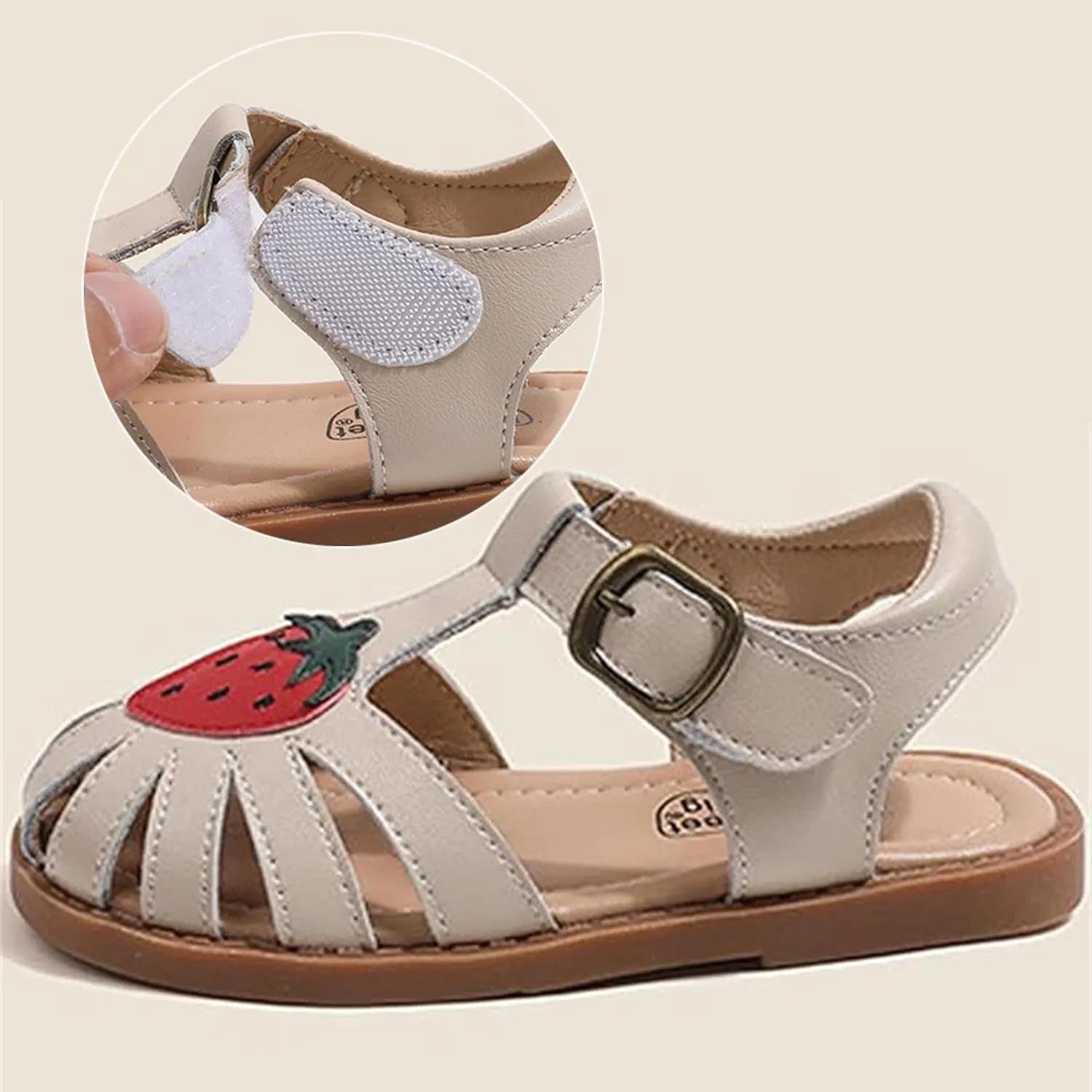 Toddlers Little Girls T-Strap Strawberry Closed Toe Sandals Princess Flat Shoes Summer Flower Girl Shoes