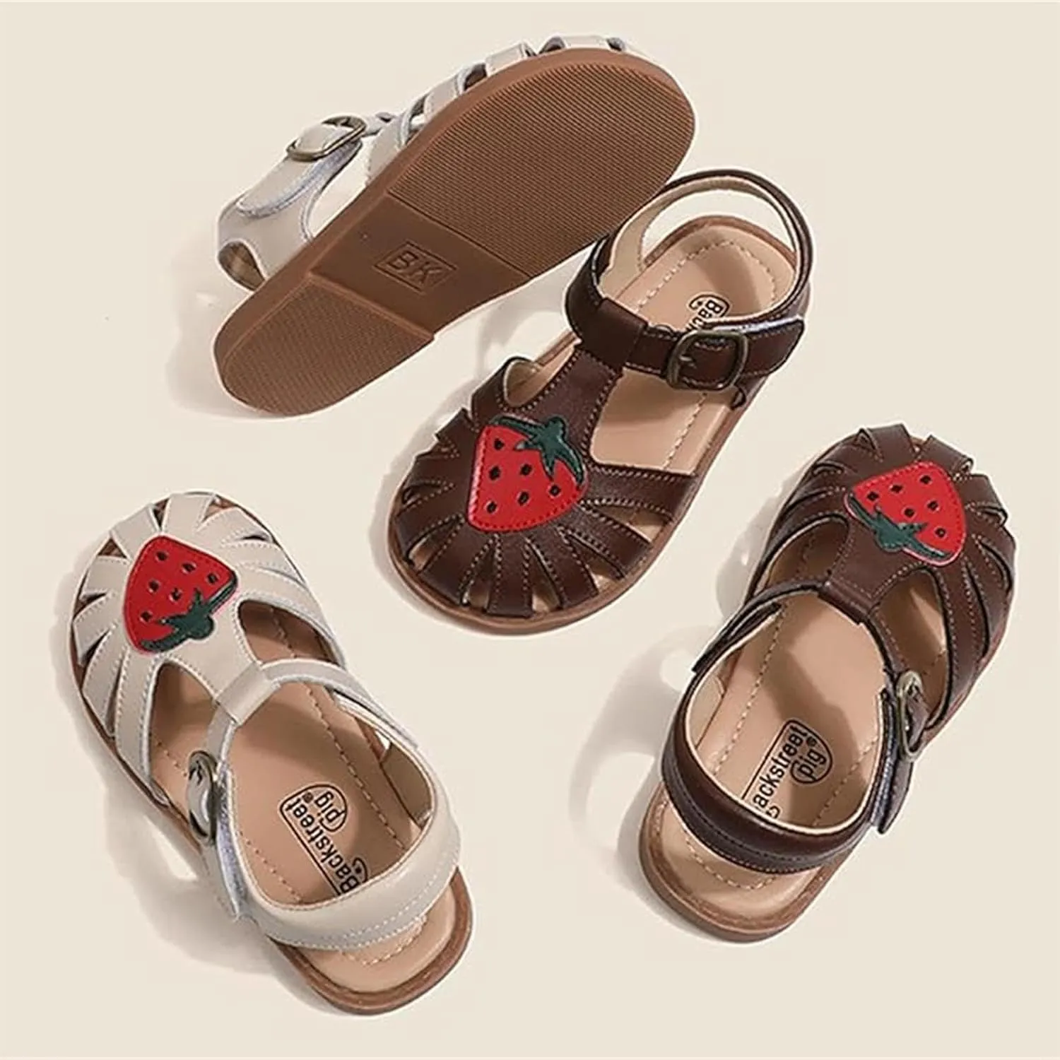Toddlers Little Girls T-Strap Strawberry Closed Toe Sandals Princess Flat Shoes Summer Flower Girl Shoes