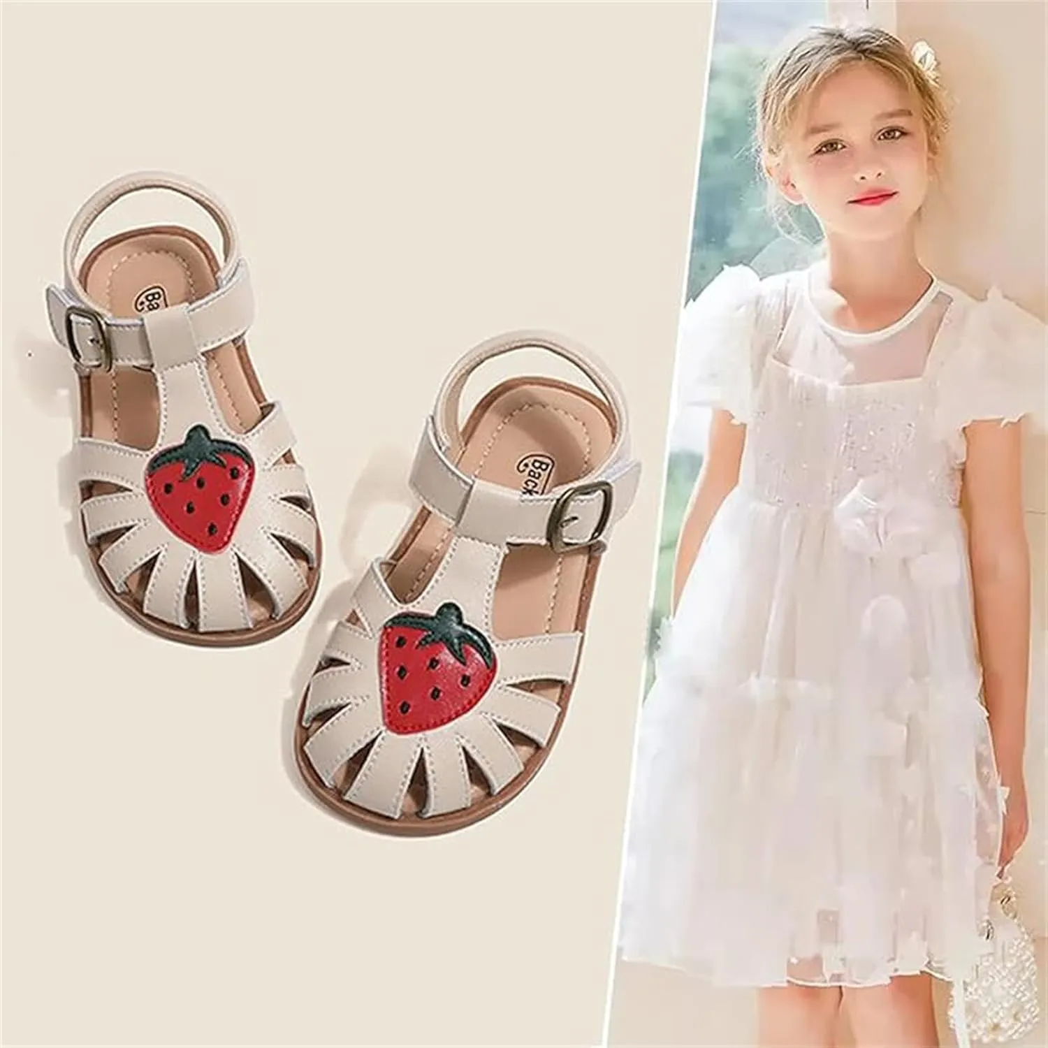 Toddlers Little Girls T-Strap Strawberry Closed Toe Sandals Princess Flat Shoes Summer Flower Girl Shoes