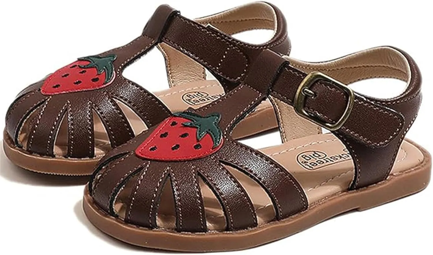 Toddlers Little Girls T-Strap Strawberry Closed Toe Sandals Princess Flat Shoes Summer Flower Girl Shoes