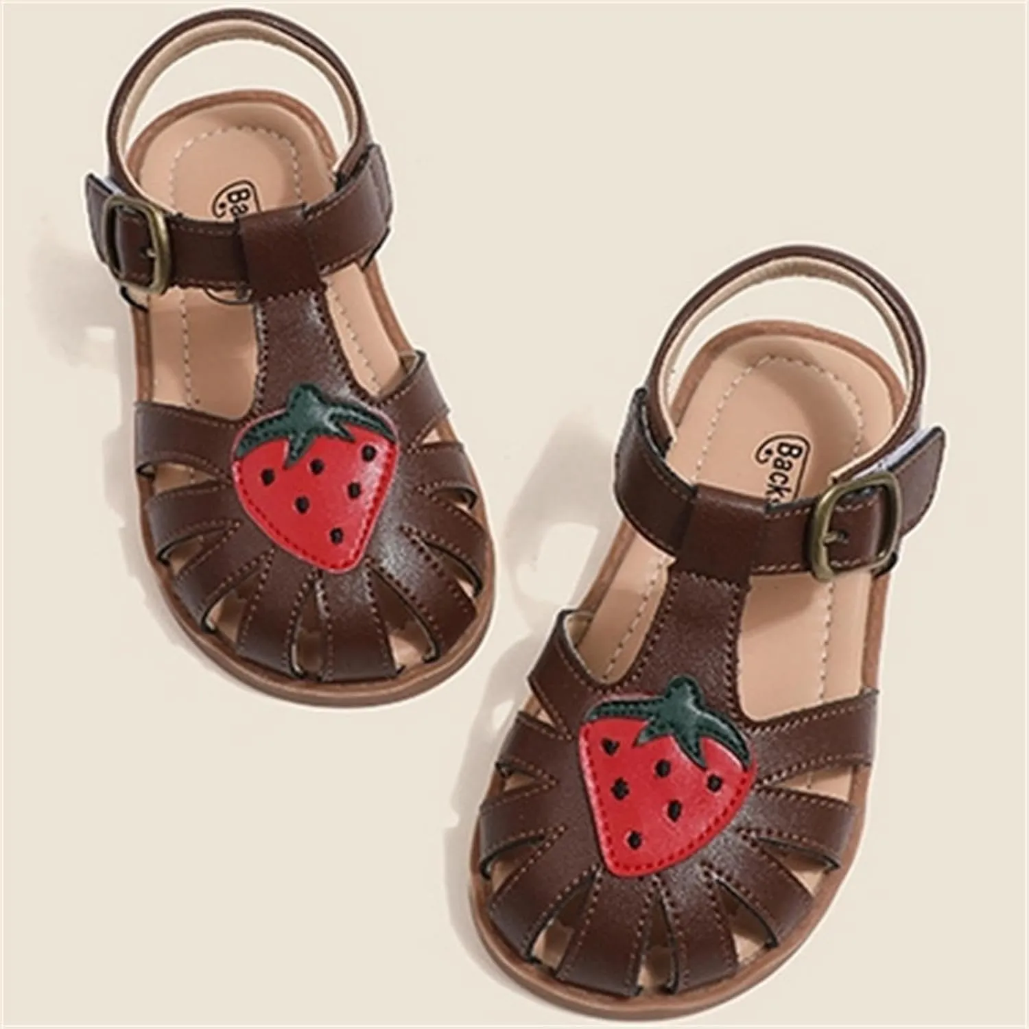 Toddlers Little Girls T-Strap Strawberry Closed Toe Sandals Princess Flat Shoes Summer Flower Girl Shoes
