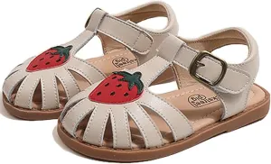 Toddlers Little Girls T-Strap Strawberry Closed Toe Sandals Princess Flat Shoes Summer Flower Girl Shoes