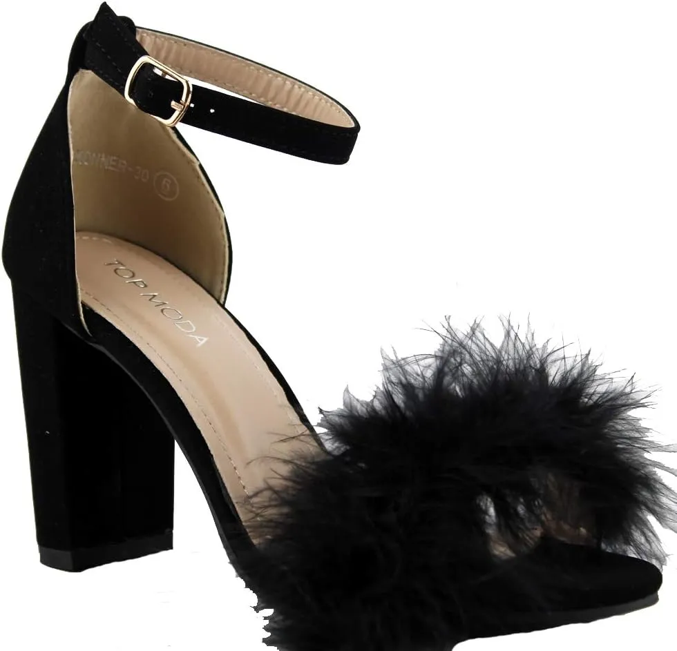 TOP Moda K 30 Womens Feather Fur Chunky Heel Sandals Nubuck Black 8