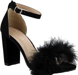 TOP Moda K 30 Womens Feather Fur Chunky Heel Sandals Nubuck Black 8