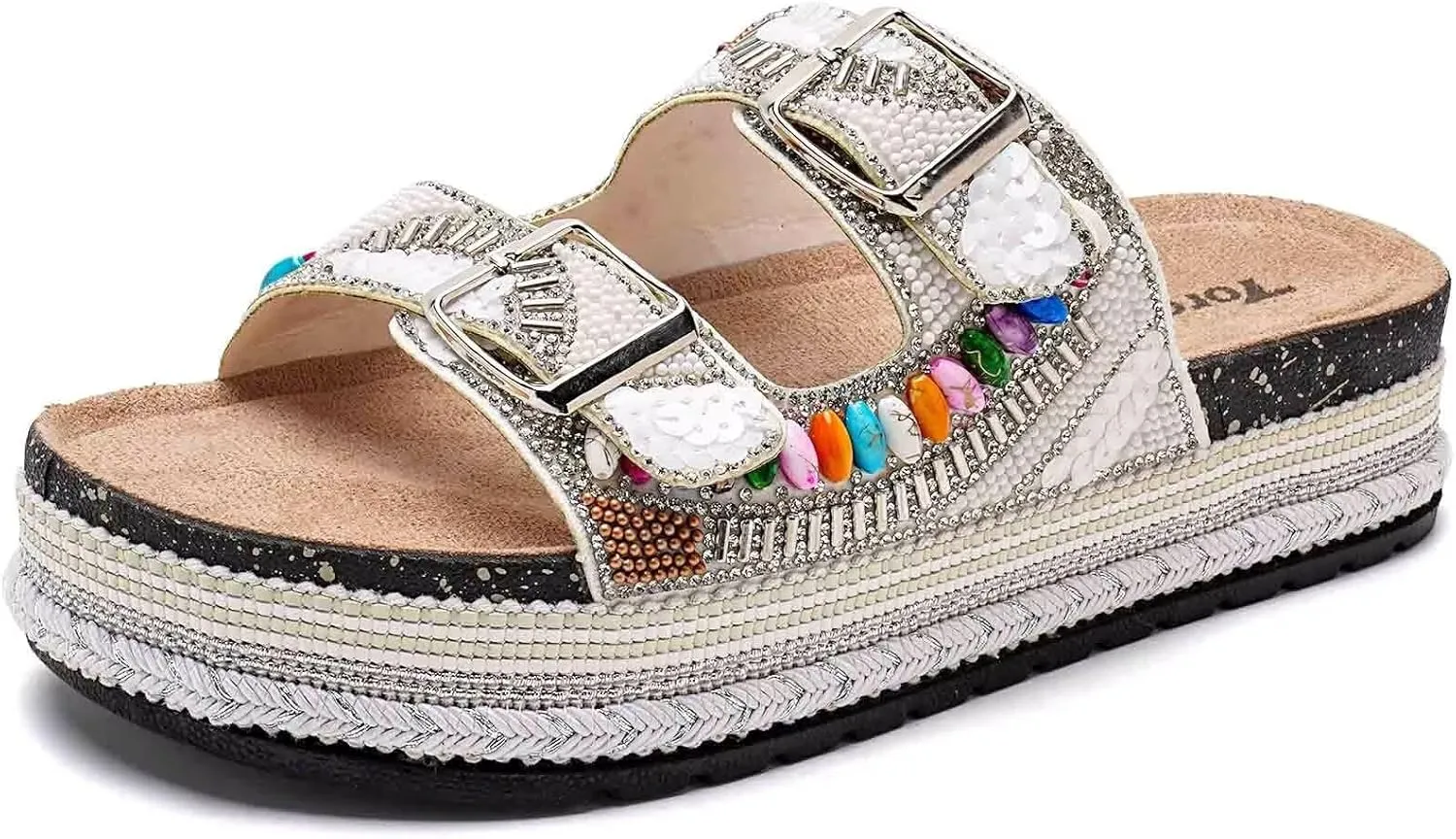 Torotto Womens Slides with Cork Footbed Open Toe Adjustable Webbing Flat Sandals for Walking | Beach | Indoor