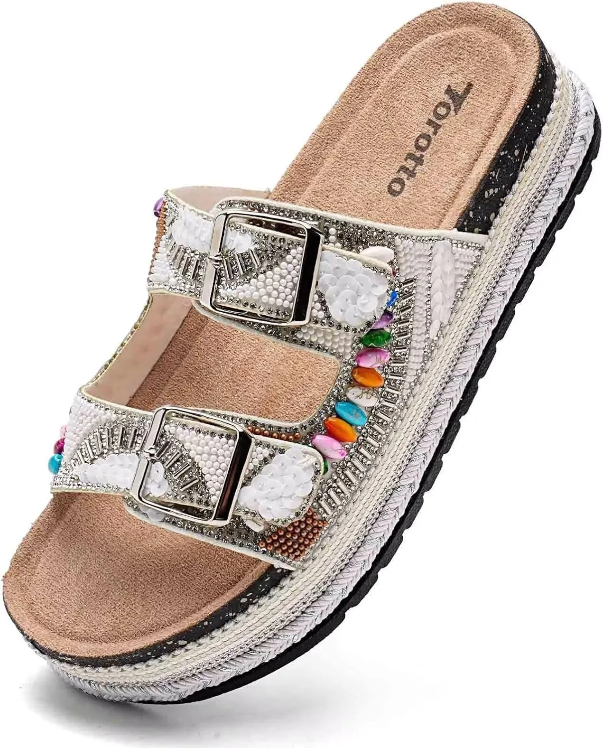 Torotto Womens Slides with Cork Footbed Open Toe Adjustable Webbing Flat Sandals for Walking | Beach | Indoor