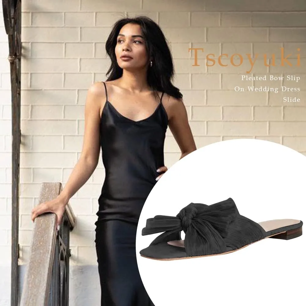 Tscoyuki Women's Flat Slide Pleated Bow Sandals, Slip On Open Toe Sandals Party Slippers Dress Wedding Shoes