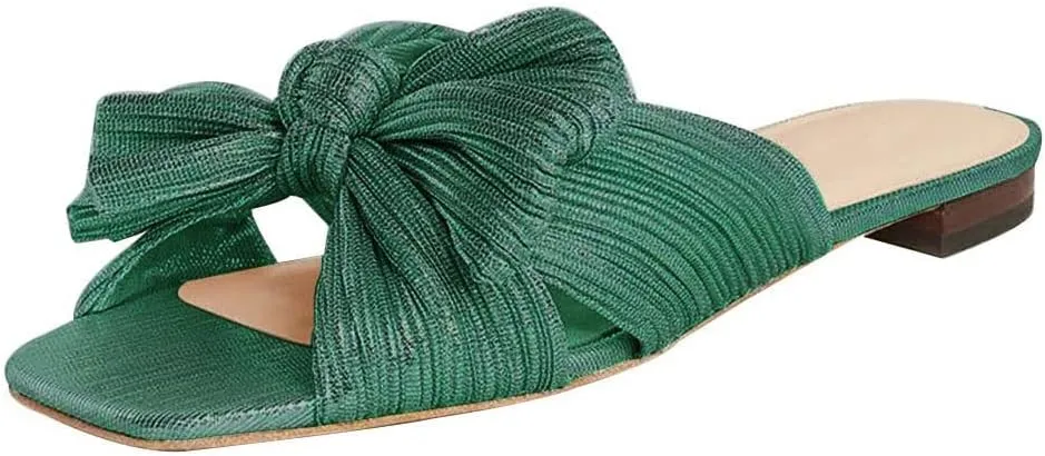 Tscoyuki Women's Flat Slide Pleated Bow Sandals, Slip On Open Toe Sandals Party Slippers Dress Wedding Shoes