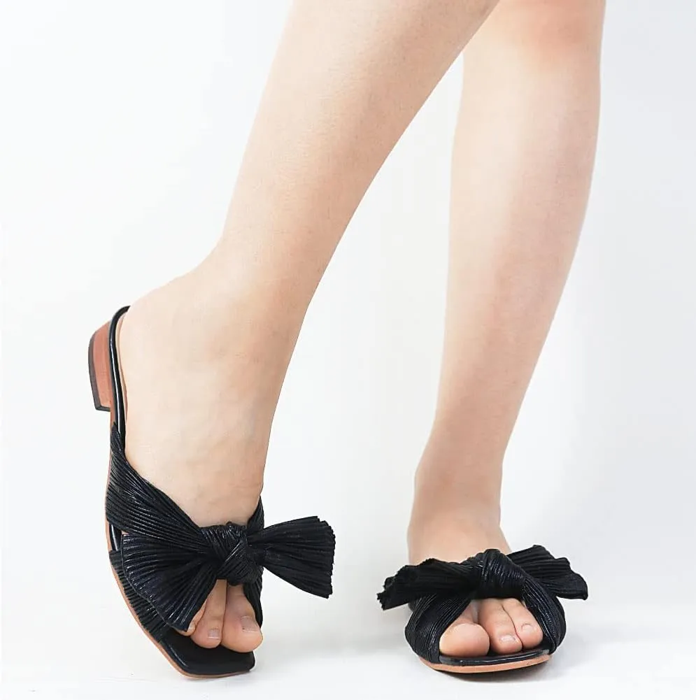 Tscoyuki Women's Flat Slide Pleated Bow Sandals, Slip On Open Toe Sandals Party Slippers Dress Wedding Shoes