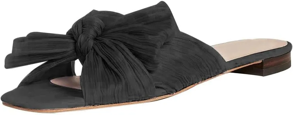 Tscoyuki Women's Flat Slide Pleated Bow Sandals, Slip On Open Toe Sandals Party Slippers Dress Wedding Shoes