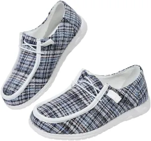 Unisex Ultralight Textured Canvas Loafers Elastic Lace-up Strips Closure Sneakers Comfort Walk Boat Shoes Breathable Fabric Odor-free Footwear for Women/Men Adult/Teenagers, Multicolor/Black and White