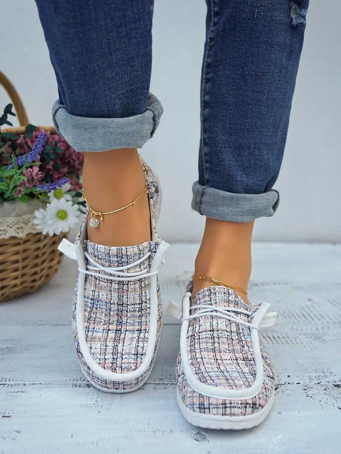 Unisex Ultralight Textured Canvas Loafers Elastic Lace-up Strips Closure Sneakers Comfort Walk Boat Shoes Breathable Fabric Odor-free Footwear for Women/Men Adult/Teenagers, Multicolor/Black and White