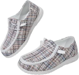 Unisex Ultralight Textured Canvas Loafers Elastic Lace-up Strips Closure Sneakers Comfort Walk Boat Shoes Breathable Fabric Odor-free Footwear for Women/Men Adult/Teenagers, Multicolor/Black and White