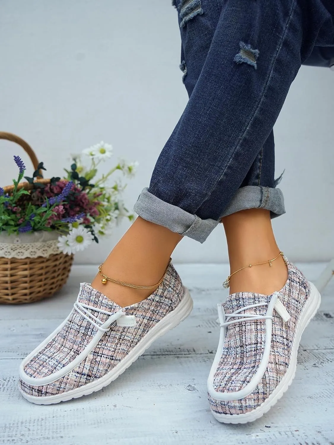 Unisex Ultralight Textured Canvas Loafers Elastic Lace-up Strips Closure Sneakers Comfort Walk Boat Shoes Breathable Fabric Odor-free Footwear for Women/Men Adult/Teenagers, Multicolor/Black and White