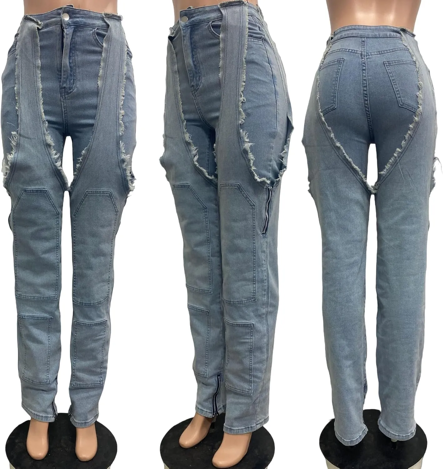 Vakkest Women's Baggy Denim Jeans Patchwwork Pants High Cutout Straight Wide Leg Stretchy Ripped Pants Y2K Streetwear