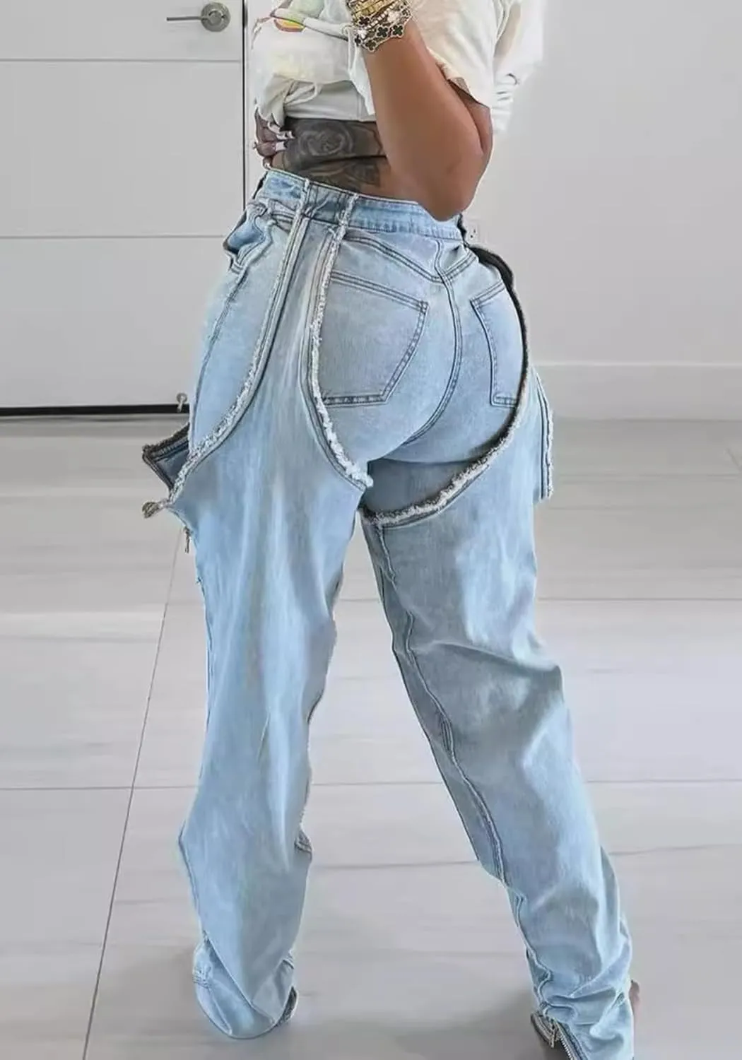 Vakkest Women's Baggy Denim Jeans Patchwwork Pants High Cutout Straight Wide Leg Stretchy Ripped Pants Y2K Streetwear