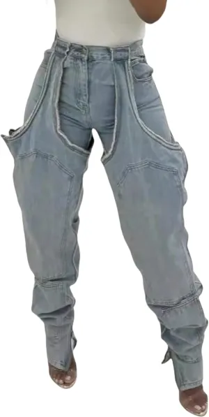 Vakkest Women's Baggy Denim Jeans Patchwwork Pants High Cutout Straight Wide Leg Stretchy Ripped Pants Y2K Streetwear