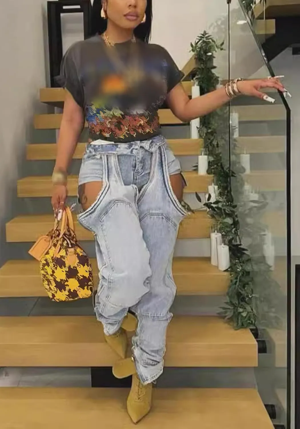 Vakkest Women's Baggy Denim Jeans Patchwwork Pants High Cutout Straight Wide Leg Stretchy Ripped Pants Y2K Streetwear
