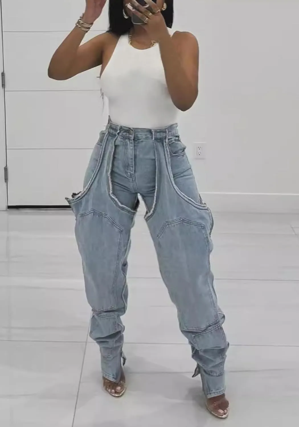 Vakkest Women's Baggy Denim Jeans Patchwwork Pants High Cutout Straight Wide Leg Stretchy Ripped Pants Y2K Streetwear