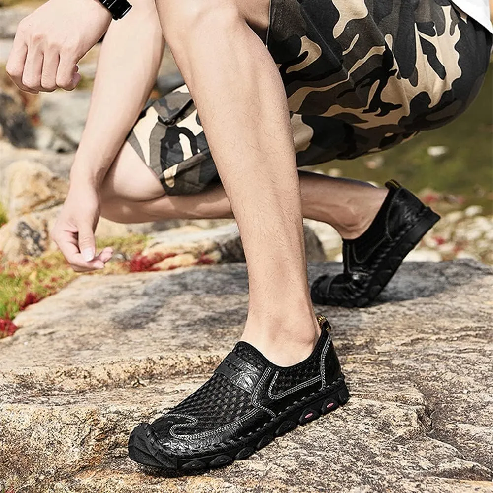 Veslexth Men's Breathable Adjustable Closed Toe Sandals Leather Athletic Outdoor Driving Fisherman for Summer Hiking Sports Business Walking Work Shoes