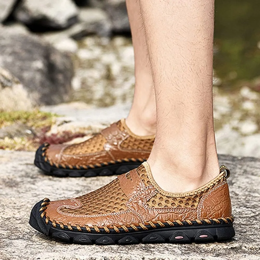 Veslexth Men's Breathable Adjustable Closed Toe Sandals Leather Athletic Outdoor Driving Fisherman for Summer Hiking Sports Business Walking Work Shoes