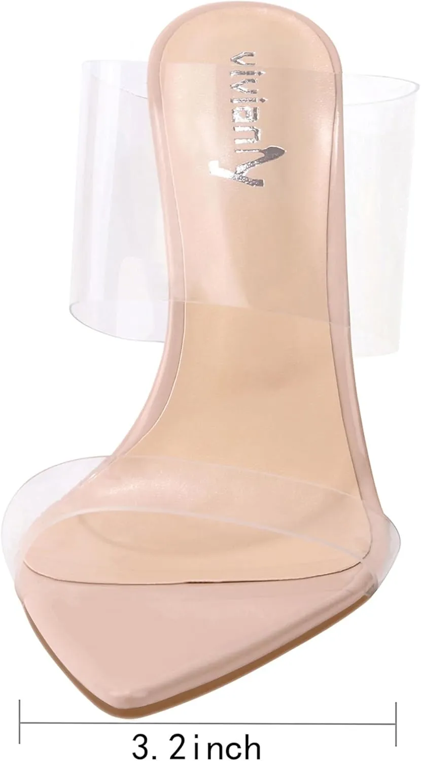 vivianly Clear Pointed Toe Heels Sandals Transparent Strap Stiletto High Heels Slip on Mules for Women