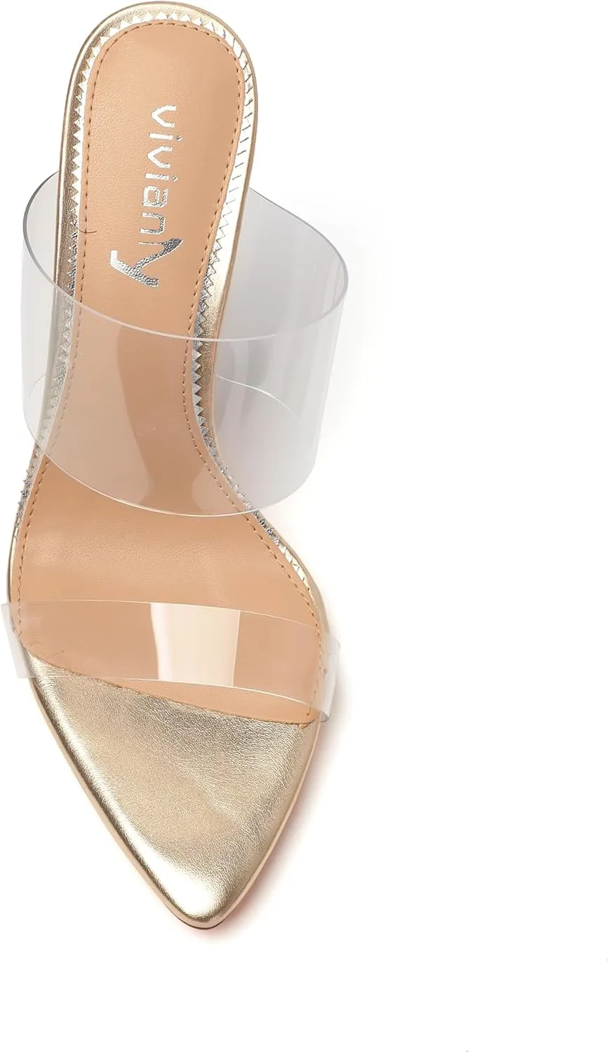 vivianly Clear Pointed Toe Heels Sandals Transparent Strap Stiletto High Heels Slip on Mules for Women