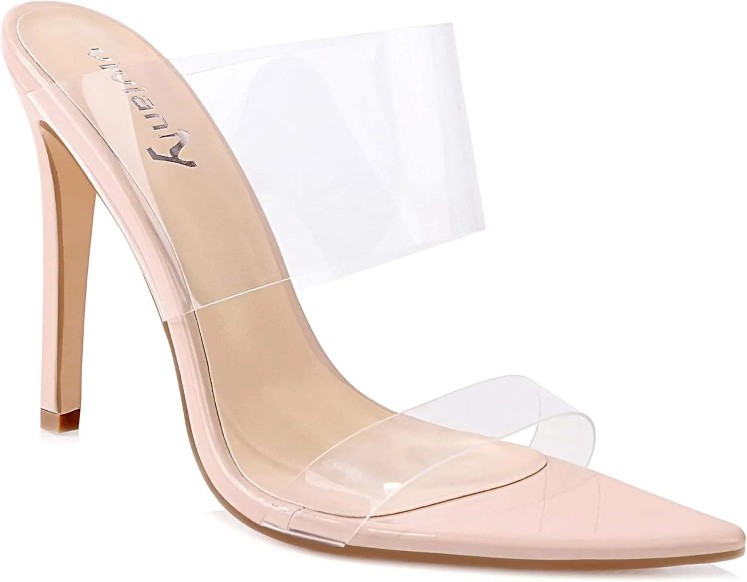 vivianly Clear Pointed Toe Heels Sandals Transparent Strap Stiletto High Heels Slip on Mules for Women