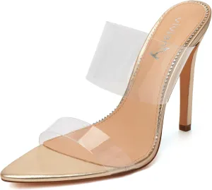 vivianly Clear Pointed Toe Heels Sandals Transparent Strap Stiletto High Heels Slip on Mules for Women