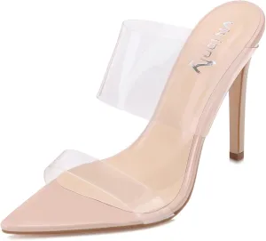 vivianly Clear Pointed Toe Heels Sandals Transparent Strap Stiletto High Heels Slip on Mules for Women