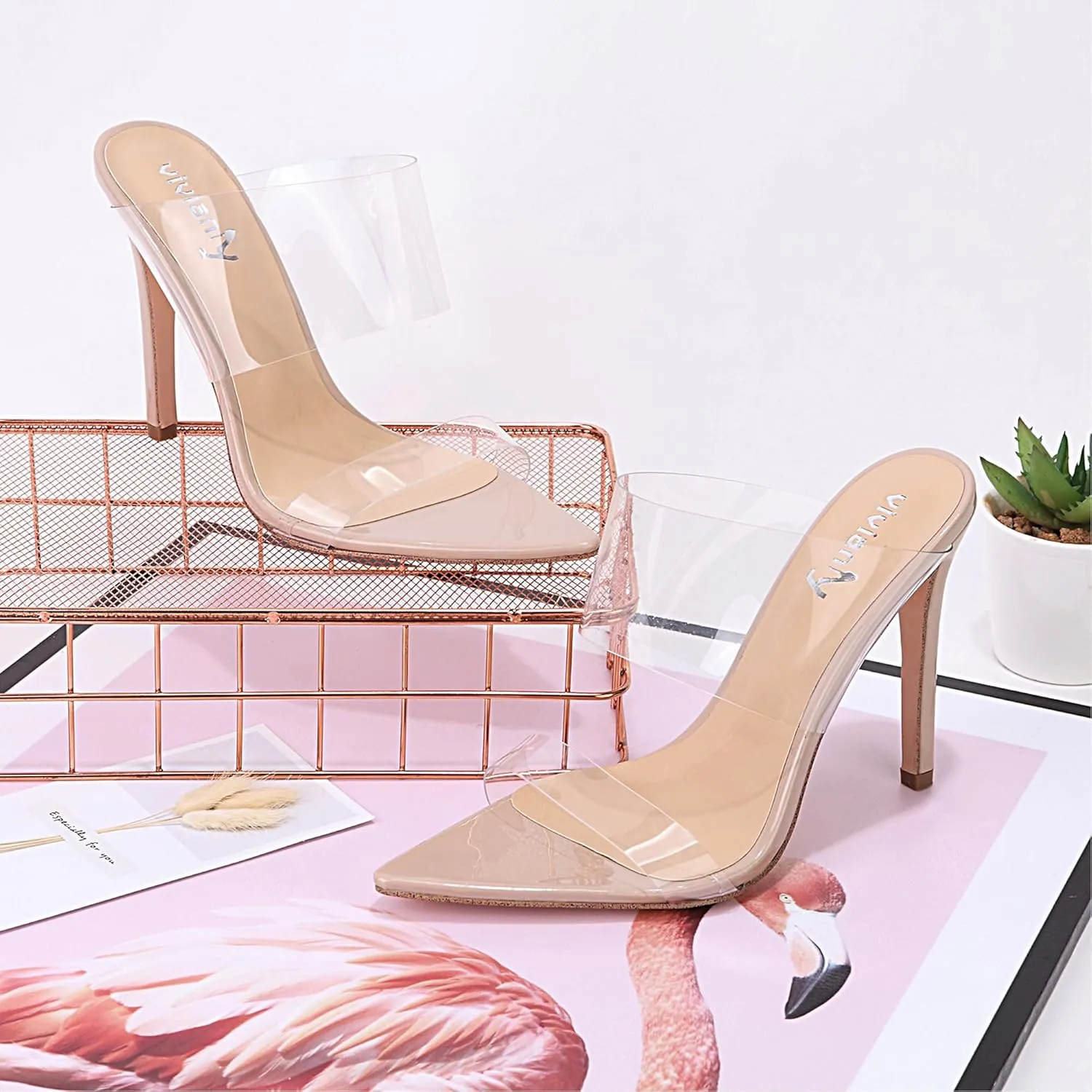 vivianly Clear Pointed Toe Heels Sandals Transparent Strap Stiletto High Heels Slip on Mules for Women