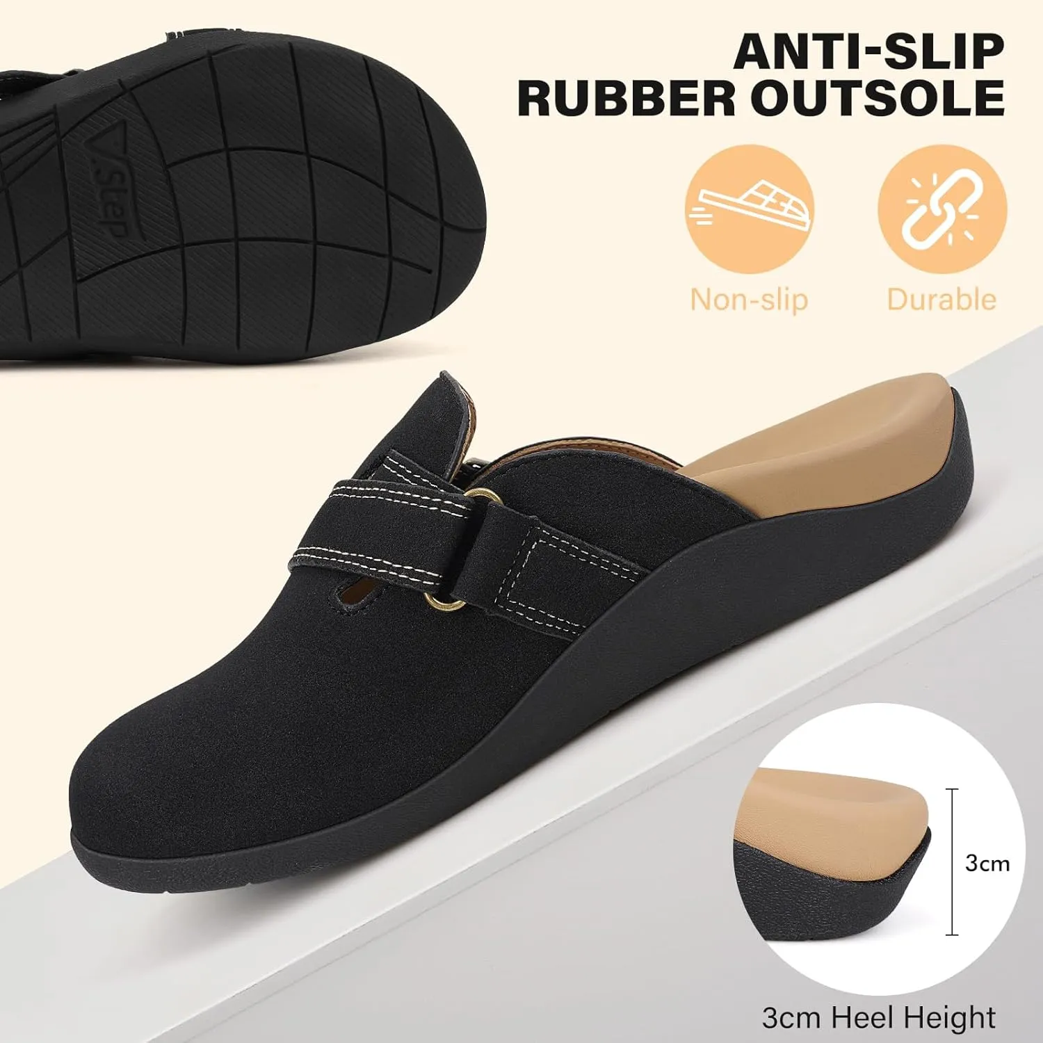 V.Step Women Orthopedic Clog Slippers with Arch Support, Suede Clogs Leather Mules, Orthotic Slippers Potato Shoes for Plantar Fasciitis, Slip on Adjustable Indoor Outdoor Sandals Foot Pain Relief