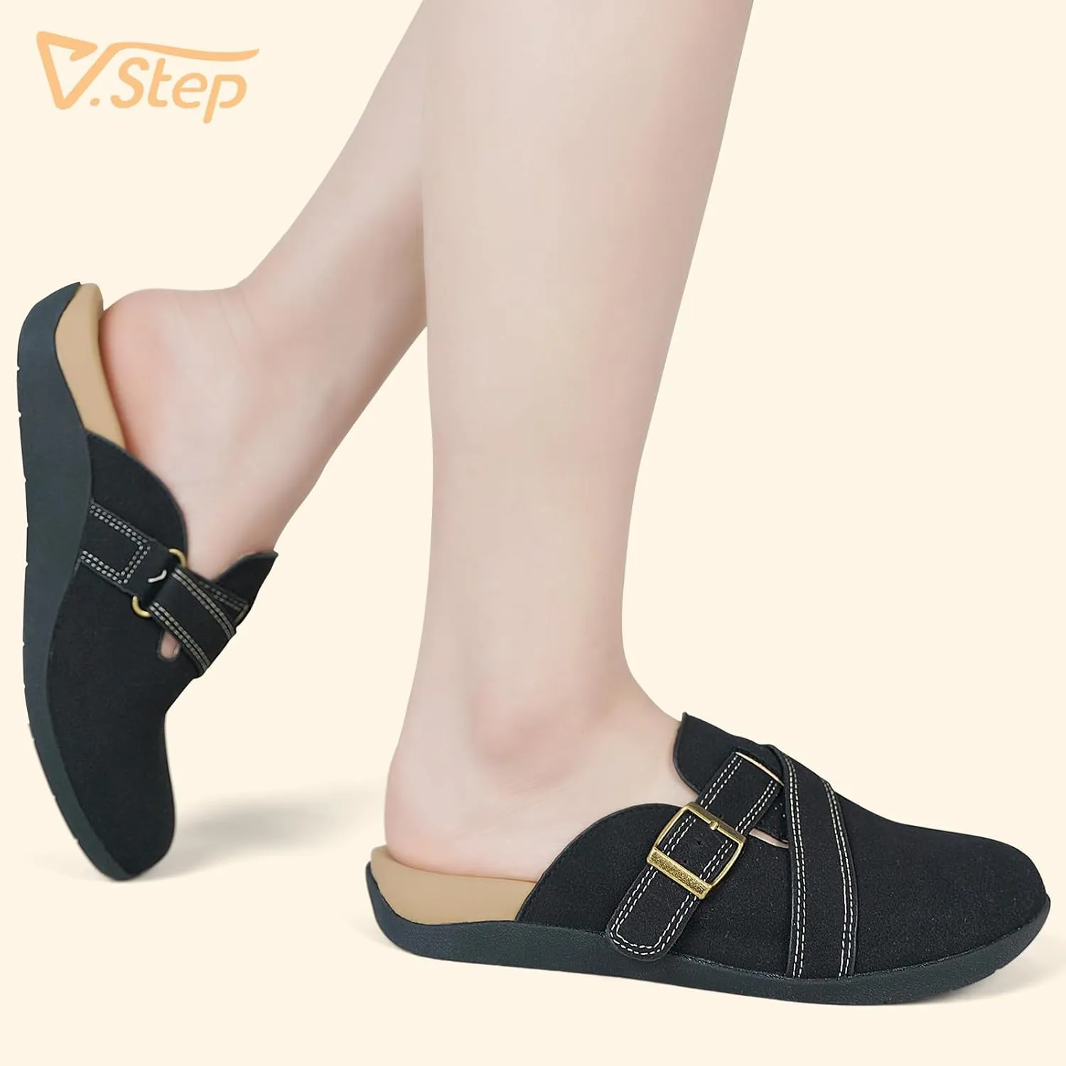 V.Step Women Orthopedic Clog Slippers with Arch Support, Suede Clogs Leather Mules, Orthotic Slippers Potato Shoes for Plantar Fasciitis, Slip on Adjustable Indoor Outdoor Sandals Foot Pain Relief