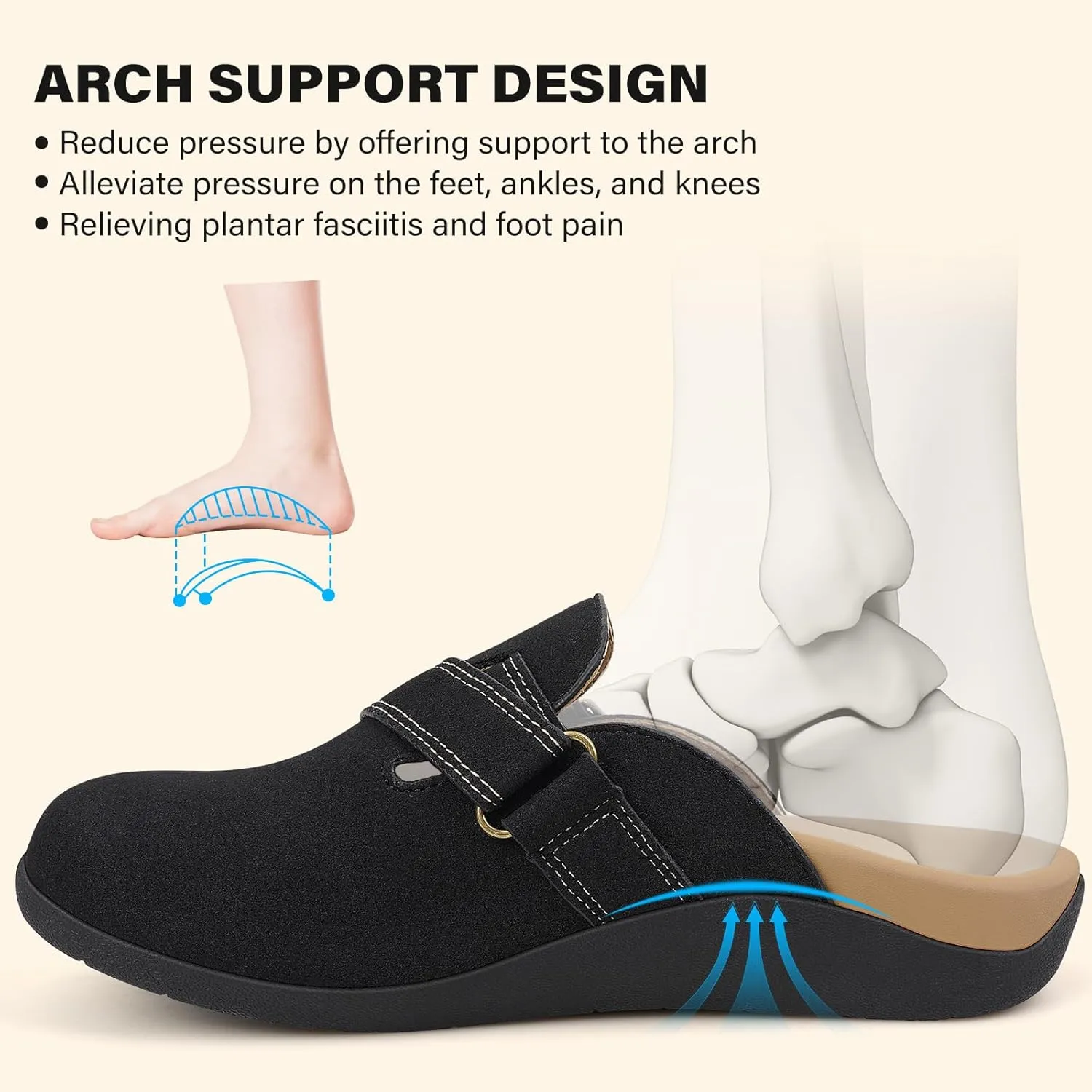 V.Step Women Orthopedic Clog Slippers with Arch Support, Suede Clogs Leather Mules, Orthotic Slippers Potato Shoes for Plantar Fasciitis, Slip on Adjustable Indoor Outdoor Sandals Foot Pain Relief