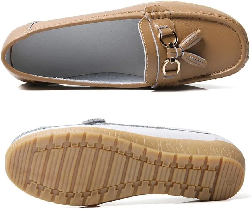 WERWAES Casual Women’s Loafers Flat Metal Buckle Comfortable Lightweight Penny Loafers for Womens Leather Slip-on Outdoor Driving Moccasion Boat Shoes