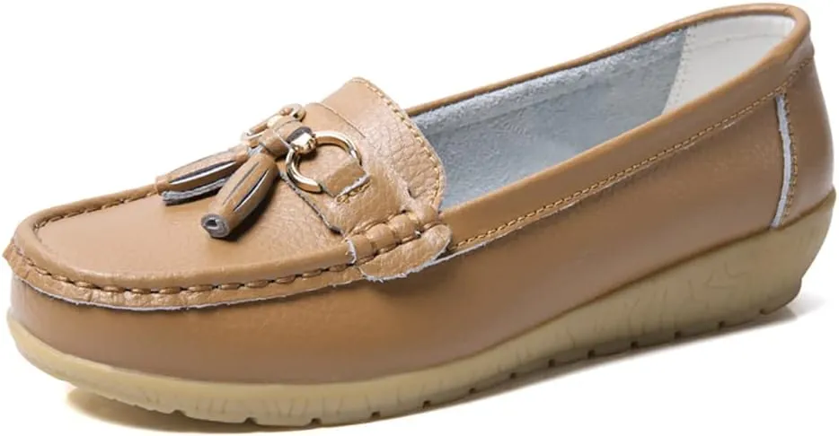WERWAES Casual Women’s Loafers Flat Metal Buckle Comfortable Lightweight Penny Loafers for Womens Leather Slip-on Outdoor Driving Moccasion Boat Shoes
