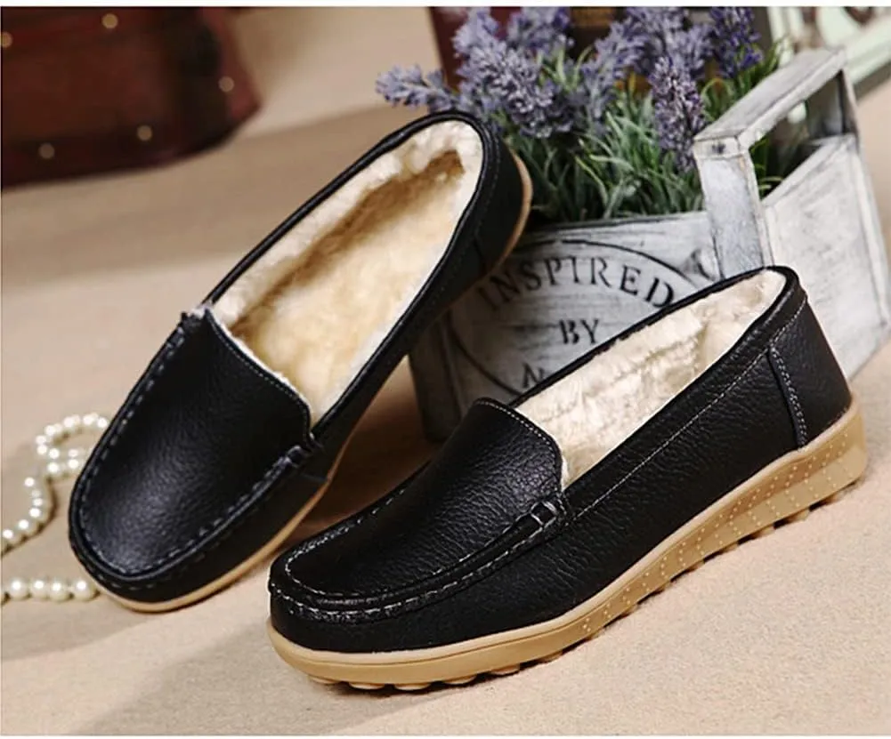WERWAES Casual Womens Loafers Shoes Slip on Winter Flat Comfortable Warm Cloth Leather Non-slip Moccasins Loafer Shoes for Indoor and Outdoor