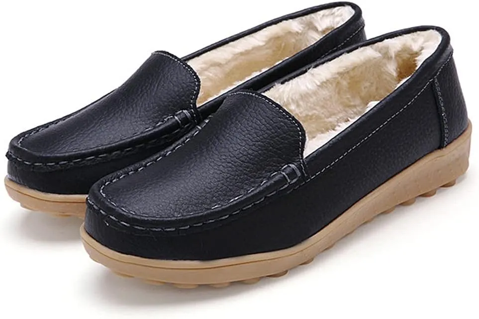 WERWAES Casual Womens Loafers Shoes Slip on Winter Flat Comfortable Warm Cloth Leather Non-slip Moccasins Loafer Shoes for Indoor and Outdoor