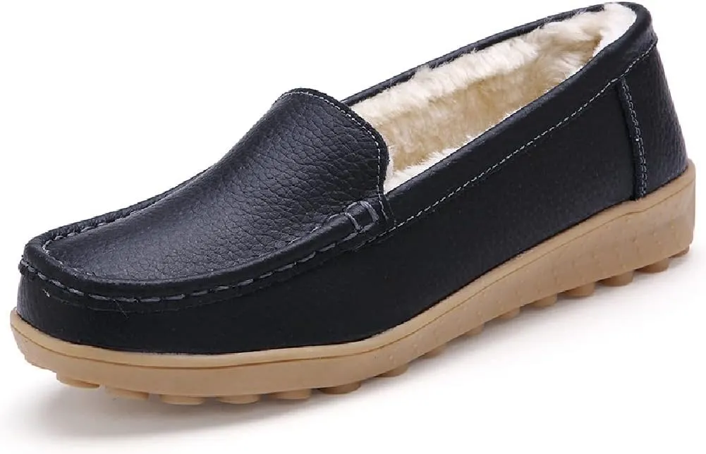 WERWAES Casual Womens Loafers Shoes Slip on Winter Flat Comfortable Warm Cloth Leather Non-slip Moccasins Loafer Shoes for Indoor and Outdoor