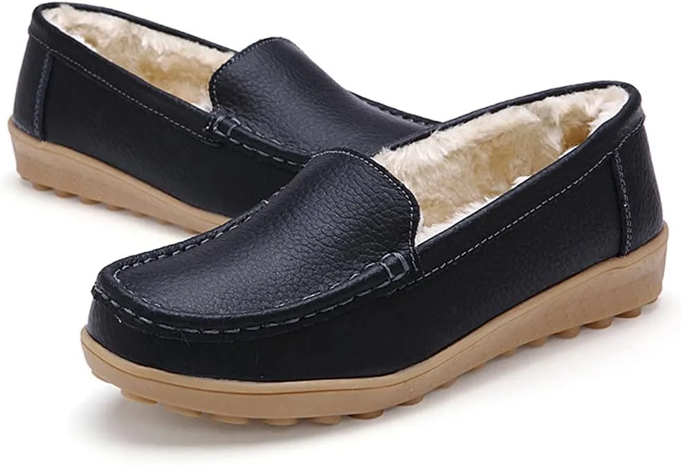WERWAES Casual Womens Loafers Shoes Slip on Winter Flat Comfortable Warm Cloth Leather Non-slip Moccasins Loafer Shoes for Indoor and Outdoor