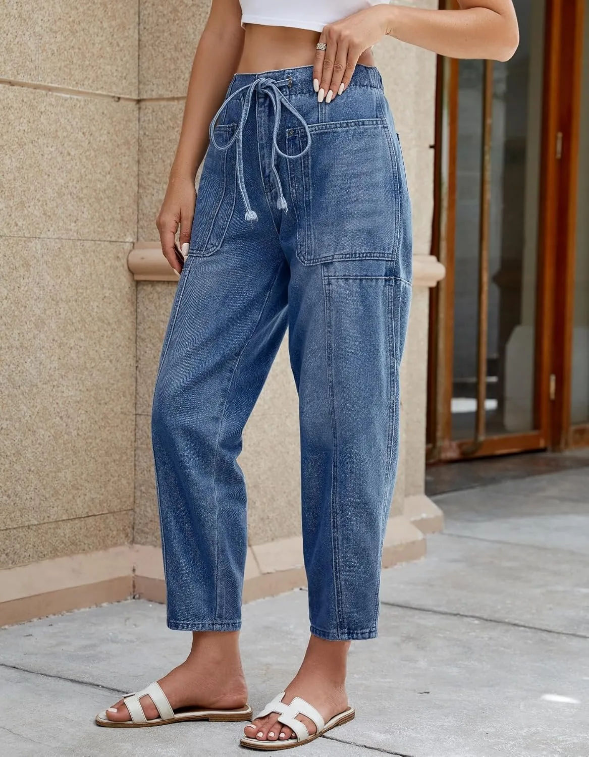 Women Casual Loose Cropped Pants Denim Bloomers Elastic Waist with Pockets