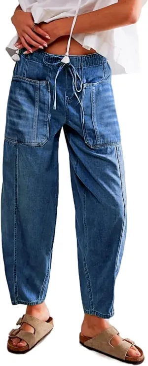 Women Casual Loose Cropped Pants Denim Bloomers Elastic Waist with Pockets