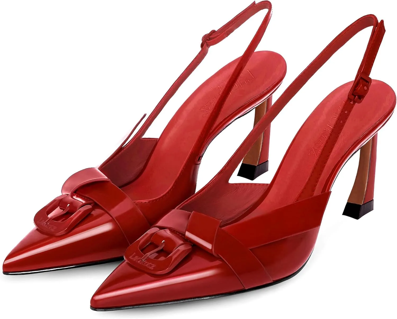 Women Heels Slingback Pointed Closed Toe Kitten Heel Sandals Slip On Stiletto 2.6 Inch Pumps Metal Buckle Faux Leather Evening Prom Party Dress Shoes