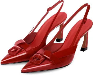 Women Heels Slingback Pointed Closed Toe Kitten Heel Sandals Slip On Stiletto 2.6 Inch Pumps Metal Buckle Faux Leather Evening Prom Party Dress Shoes