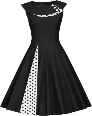 Women Polka Dot Vintage 50s Dress Color Block Turndown Collar A-line Hepburn Style Cocktail Swing Dresses