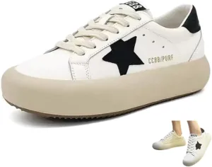 Women Retro Platform Sneakers, Y2K Star Patch Streetwear, Premium Leather Stylish Height Boost Casual School Shoes Teens