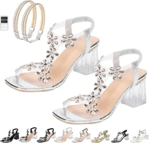 Women Rhinestone Flower Clear Block Heel Sandals, Fashion Elastic Ankle Strap Chunky High Heel Open Toe Sexy Elegant Dress Shoes