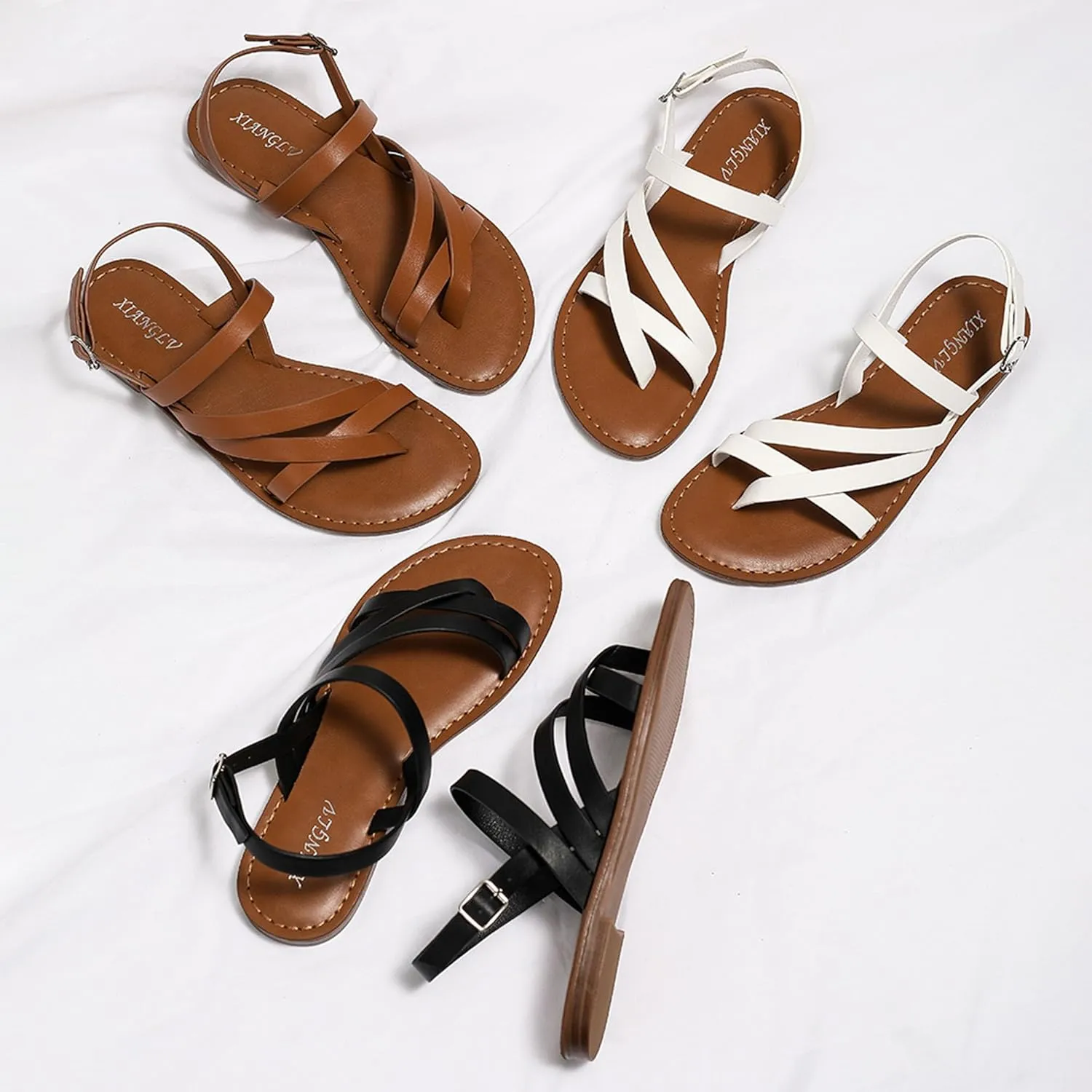 Women Sandals Fashion Round Toe Buckle Roman Style Strappy Leather Sandals Flat Beach Holiday Party